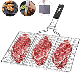 ACMETOP Portable BBQ Grill Basket, Stainless Steel Fish Grill Basket with Removable Handle, Perfect for Grilling Vegetables, Fishes, Shrimp - Bonus a Grill Mat, Sauce Bottle Brush and Carrying Pouch
