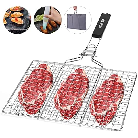 ACMETOP Portable BBQ Grill Basket, Stainless Steel Fish Grill Basket with Removable Handle, Perfect for Grilling Vegetables, Fishes, Shrimp - Bonus a Grill Mat, Sauce Bottle Brush and Carrying Pouch Cover