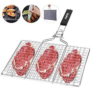 ACMETOP Portable BBQ Grill Basket, Stainless Steel Fish Grill Basket with Removable Handle, Perfect for Grilling Vegetables, Fishes, Shrimp - Bonus a Grill Mat, Sauce Bottle Brush and Carrying Pouch