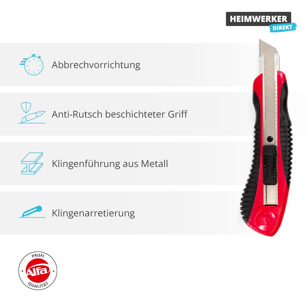 25x Alfa Cuttermesser Profi 18 mm x 10 cm mit Metall-Klingenführung | Profi Qualität – Cuttermesser mit stabiler Metall-Klingenführung für präzise Schnitte und hohe Langlebigkeit.