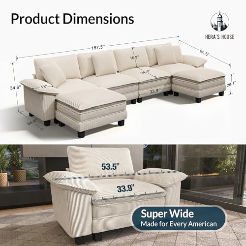 Image of HERA'S HOUSE 158 inch Oversized Modular Sectional U Shaped Sofa, Corduroy Beige | 6-Seater Living Room Couches, Wider Armrest and Deep Seat, Comfy Cloud Couch with Ottoman, Wood Sturdy Frame