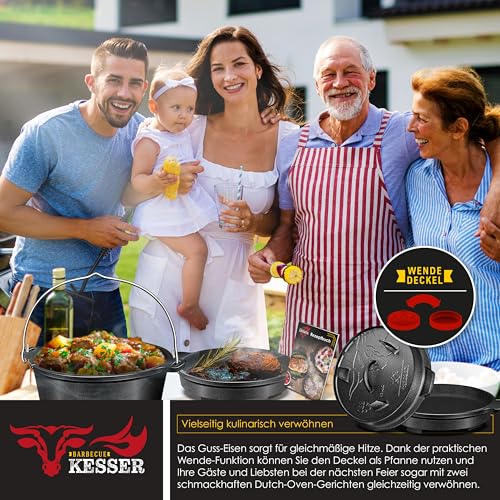 Foto von KESSER® Dutch Oven Set BBQ 4,2 Liter, Feuertopf Schmortopf mit Füßen, Gusseisen Topf mit Deckelheber Henkel und Schlitz für Themormeter, kochkessel Grilltopf Gulaschkessel für Oudoor & Indoor