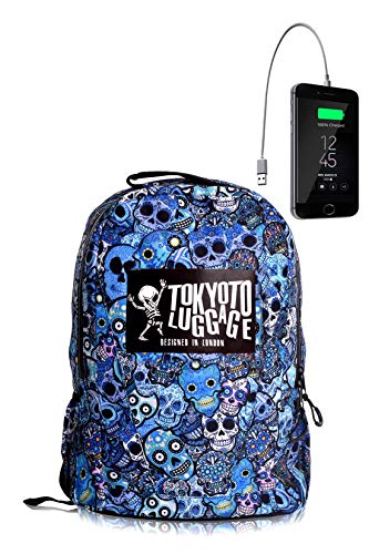 Sac à Dos avec lumière LED Scooter Bicycle Man Femme avec Chargeur de téléphone Portable école Ordinateur pour Jeunes Adultes TOKYOTO Luggage 42 cm Modèle Blue Skulls (Sac A Dos ET Chargeur)