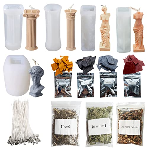 Yayatty 5 Pack Candle Molds - Roman Column Resin Molds with 50 PCS Cotton Wicks, 4 Color Dyes, Natural Dried Flowers