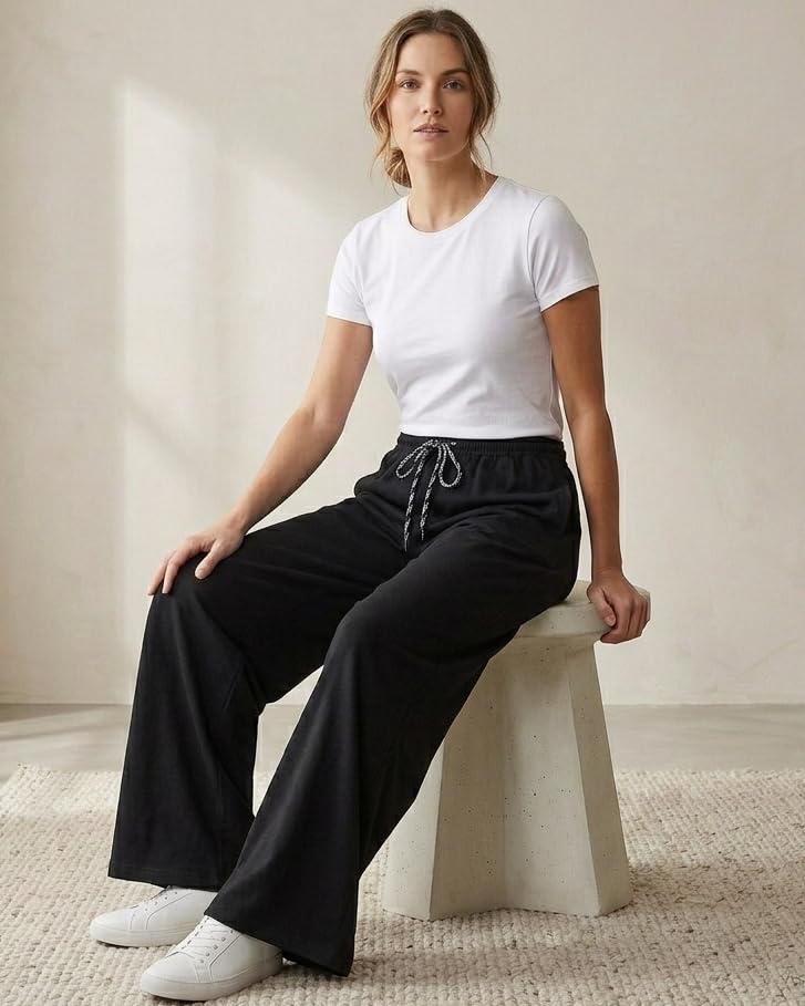 Image of Women's Wide Leg Track Pants with Elastic Waist & Drawstring | Soft Breathable Relaxed Fit Trousers | Casual Lounge Travel Wear for Women & Girls