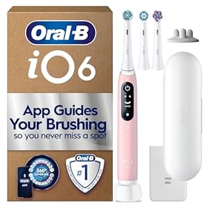 Oral-B iO6 Electric Toothbrush for Adults, 3 Toothbrush Heads, Travel Case and Toothbrush Head Holder, 5 Modes with Teeth Whitening, 2 Pin Plug, Pink