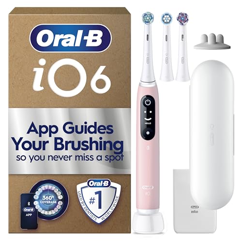 Oral-B iO6 Electric Toothbrush for Adults, 3 Toothbrush Heads, Travel Case and Toothbrush Head Holder, 5 Modes with Teeth Whitening, 2 Pin Plug, Pink