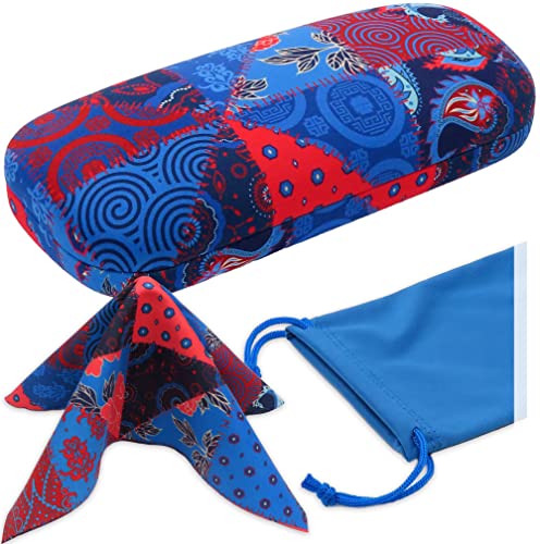 MyEyeglassCase Estojo rígido feminino para óculos | Capa protetora rígida para óculos com bolsa e pano, As126 Patchwork Azul, M
