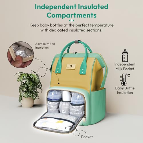 Image of StarAndDaisy Diaper Bag / 30L Lightweight Diaper Bag for Mothers for Travel with 3 Insulated Bottle Pockets /Baby Bag for Mother Travel & Hospital Bag for Baby - Green Yellow