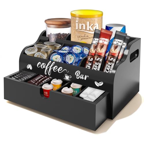 OT-NVWOZR Coffee Bar Organizer with Drawer, 2 Tier Coffee Station Organizer for Countertop, Adjustable Coffee Bar Accessories Wooden Tea Coffee Condiment Storage Pods Holder-Black