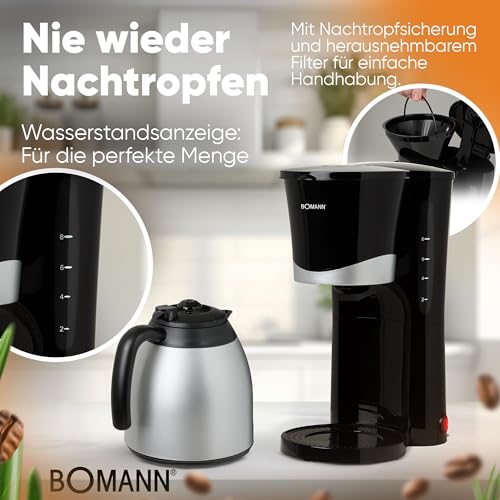 Bomann® Kaffeemaschine mit Thermoskanne | für 8-10 Tassen Kaffee | kein Temperaturverlust | Filterkaffeemaschine | 1 Liter | Coffee machine | Filterkaffeemaschine mit Thermoskanne | KA 168 schwarz