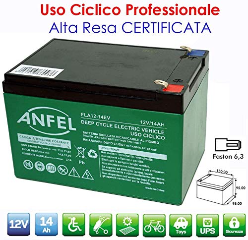 ANFEL Batteria 12 Volt 14 ah Ricaricabile per Uso CICLICO 6DZM per Bici Elettriche monopattini sollevatori carrozzine Scooter Alta RESA Rinforzata