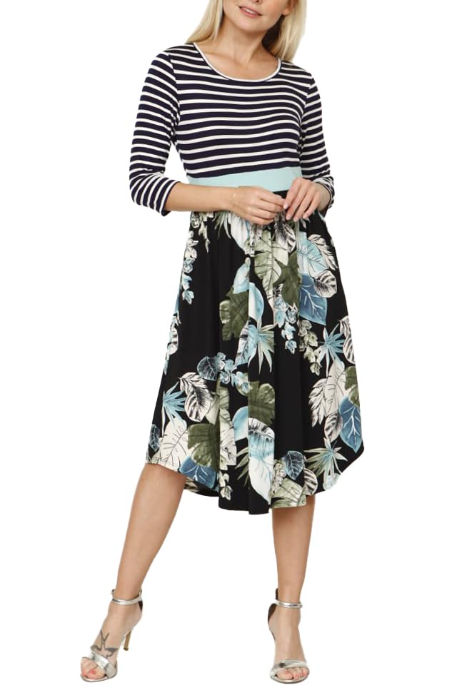 Image of Eloges Women's 3 /4 Sleeve Contrast Waist Band Floral Curved Hem Midi Dress