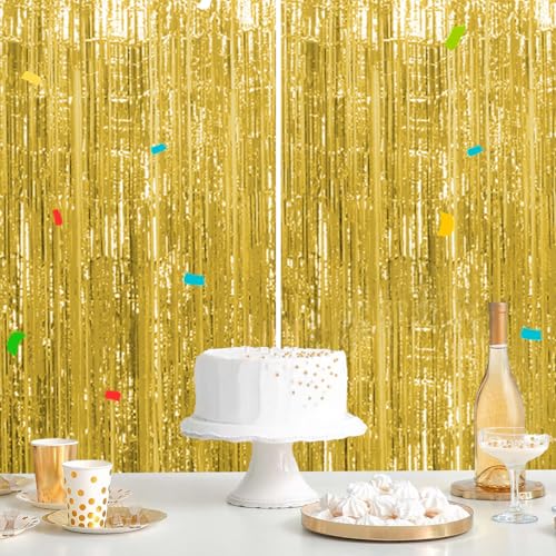 iewrtcin 2 Pcs Foil Curtains, 98.42 Inch x 39.37 Inch Shiny Foil Tassel Curtain Backdrop Strips Decoration for Wedding Birthday Celebration, Yellow - Image 6