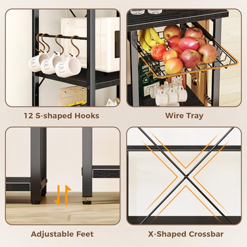 Image of SUPERJARE Large Bakers Rack with Power Outlets, 6-Tier Microwave Stand, Coffee Bar with 12 S-Shaped Hooks, Kitchen Shelf with Wire Basket, 39.4 x 14.6 x 66.9 Inches, Black