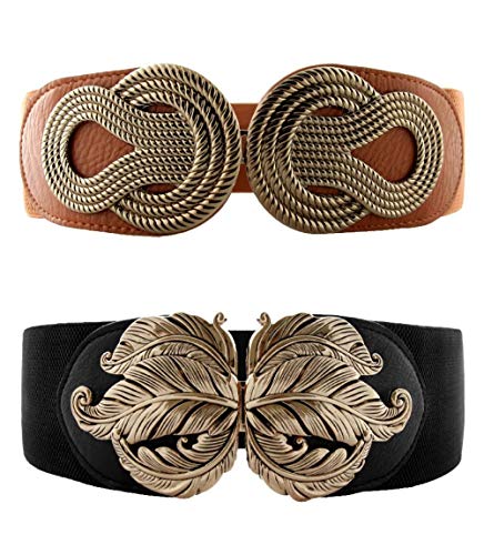 VOCHIC Lot de 2 ceintures élastiques vintage basiques pour femme avec boucle de verrouillage en métal, Marron + noir (boucle feuille), Large( 71 cm- 107 cm)