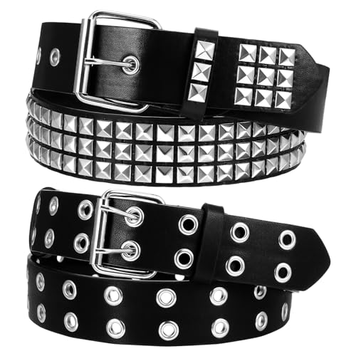 Sorcristy Ceinture cloutée noire et œillets en cuir avec double trou pour homme et femme, 2 ceintures en métal Y2K punk rock à double œillets, ceintures...