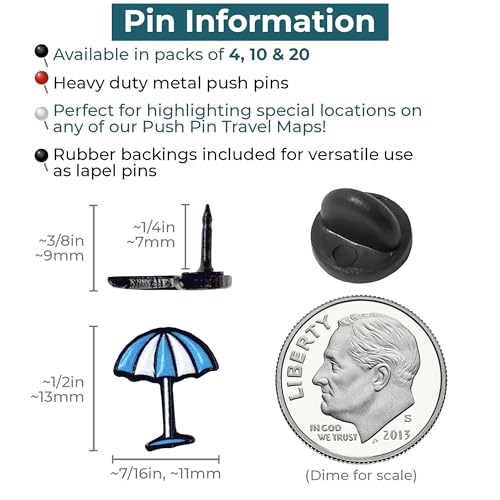 Image of Beach Umbrella Push Pins - Beach Umbrella Map Pins - for Cork Board, Maps, or Lapel Pin Use - Designed in USA - Set of 20