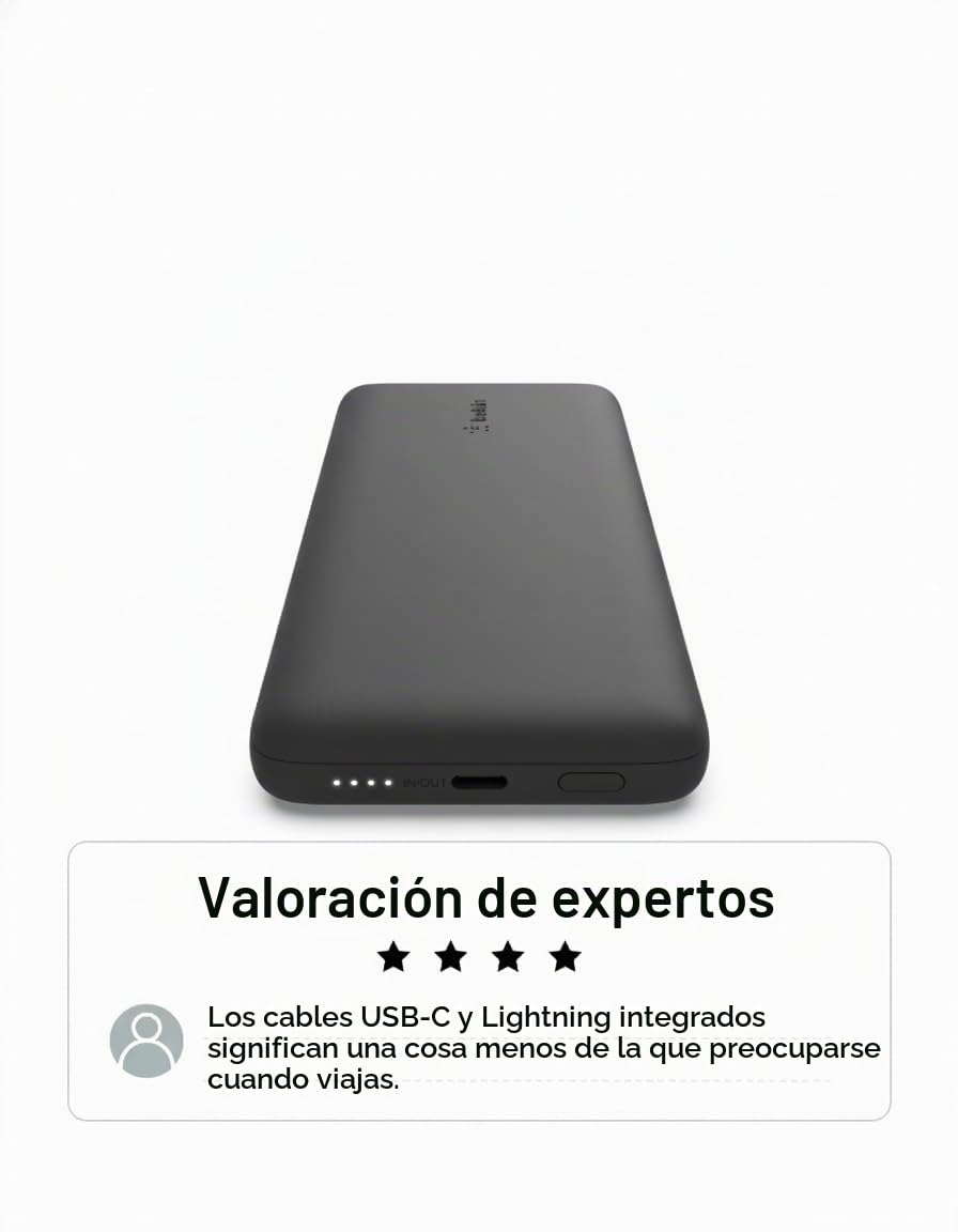 Belkin BoostCharge Plus cargador portátil batería externa 10K (10 000 mAh con cables integrados Lightning MFI y USB-C y un puerto USB-C adicional, para iPhone 16 serie y modelos anteriores), negro
