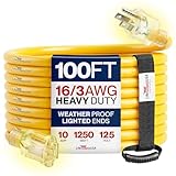 100ft Outdoor/Indoor Extension Cord 16/3 Gauge Heavy Duty 3 Prong SJTW, Waterproof, Flexible Cold-Resistant Long Power Cord,10A 125V 1250W, Yellow by LifeSupplyUSA