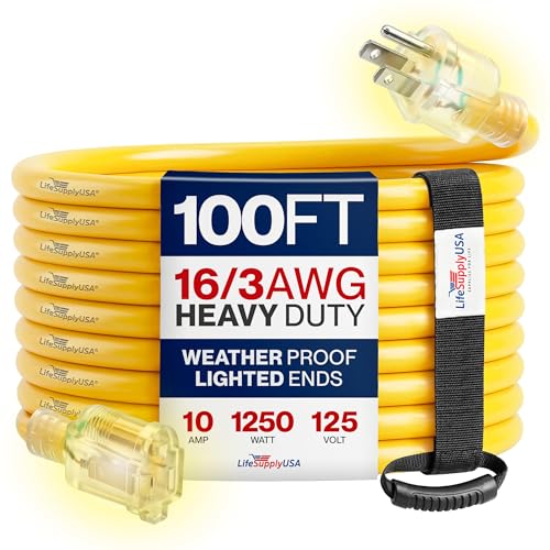 100ft Outdoor/Indoor Extension Cord 16/3 Gauge Heavy Duty 3 Prong SJTW Waterproof Flexible Cold-Resistant Long Power Cord 10A 125V 1250W Yellow by LifeSupplyUSA