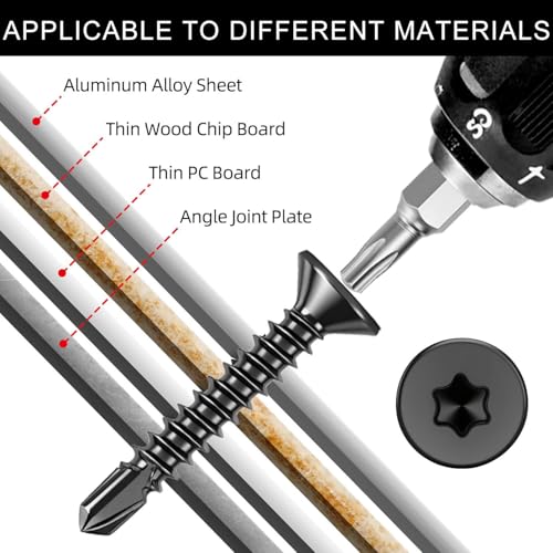 FandWay 100 sztuk wkrętów Torx, wkręty samowiercące, z łbem stożkowym, M4, 2 x 38 mm, samowiercące się wkręty ze stali nierdzewnej, 410, czarne, do metalowych, asortyment 1 bitów TX20