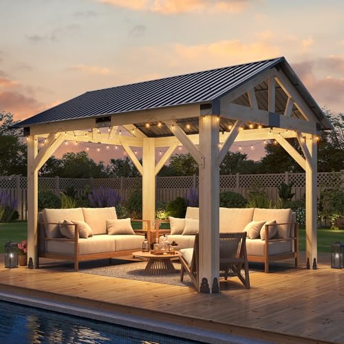 HOWSVN Outdoor Wood Gazebo 10x12 Hardtop Gazebo Permanent Wooden Pavilion with Galvanized Steel Gable Roof Fit Patio Backyard Garden Lawns Porch