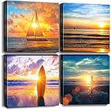 Merrleem Seascape Wall Art Beach Canvas Prints Painting Sunset Sunrise Picture Artwork for Bedroom Office Living Room Decor (12'x12'x4pcs)