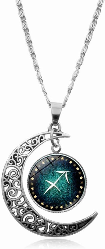 Ailiessy Constellation Necklace Bracelet Set Vintage Crescent Moon Time Gemstone Zodiac Pendant Necklace Zodiac Leather Bracelet for Men Women
