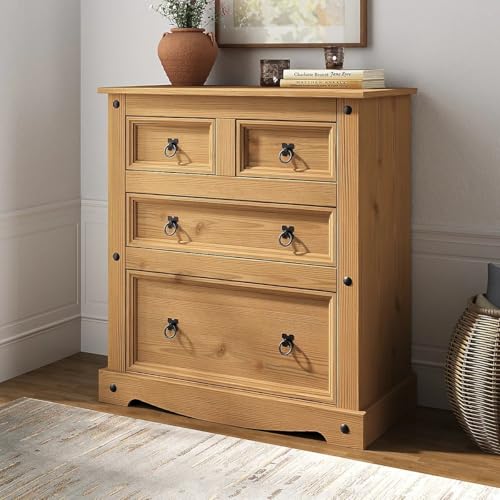 Corona Chest of Drawers 4 Drawer Solid Pine Wood with Traditional Design Large Drawer Space Black Metal Hardware Wax Finish 90cm H x 82cm W x 40cm D