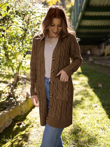 Image of PRETTYGARDEN Womens Cable Knit Button Long Cardigan Sweaters