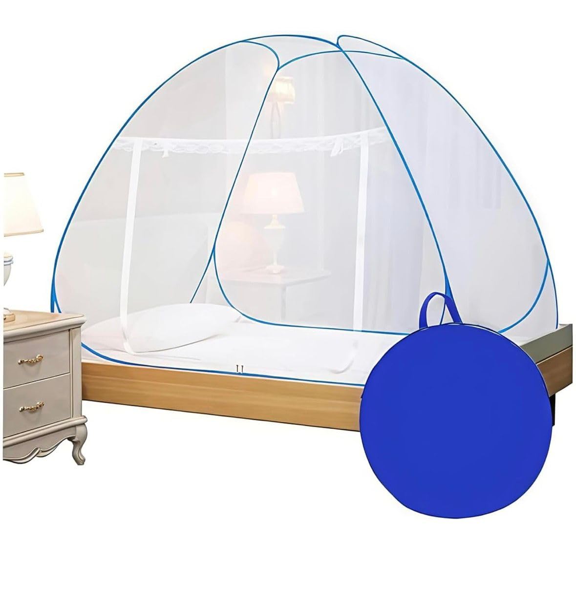 SG CORPRATION PPop-Up Mosquito Net for Bed, Foldable Dome Style Canopy with Carry Bag, Blue and White-picture-16