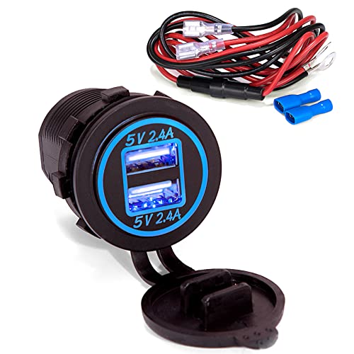 Ginsco Dual USB Charger Socket Power Outlet 2.4A & 2.4A（4.8A） for Car Boat Marine RV Mobile with Wire Fuse DIY Kit Blue LED