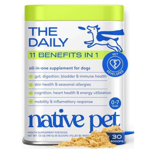Native Pet The Daily Dog Vitamins & Supplements – 11-in-1 Multivitamin for Dogs – Daily Powder Supplement with Probiotics, Collagen – 30 Scoops