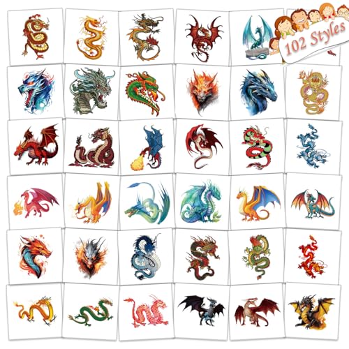 102 PCS Individually Wrapped Dragon Temporary Tattoo for kids - Dragon Temporary for Girls Boy Body Arm Shoulder Cute Tattoos Stickers, Birthday Party Supplies Gifts for Kids