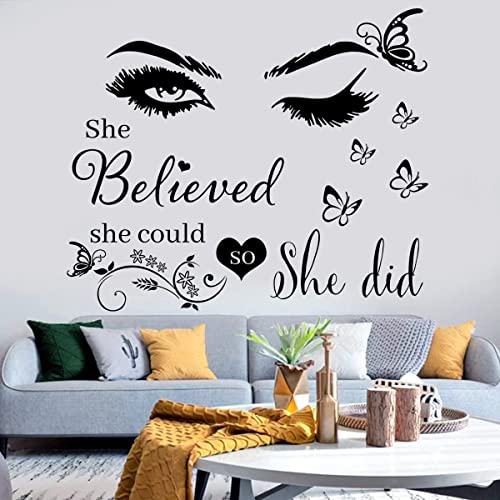 Wall Sticker Saying Vinyl Wall Decals Eyelash Eyes Inspirational Quotes She Believed She Could So She Did Wall Decal Butterfly Wall Stickers For Bedroom Living Room Classroom Office Girl Room Home Decor. #TOP4