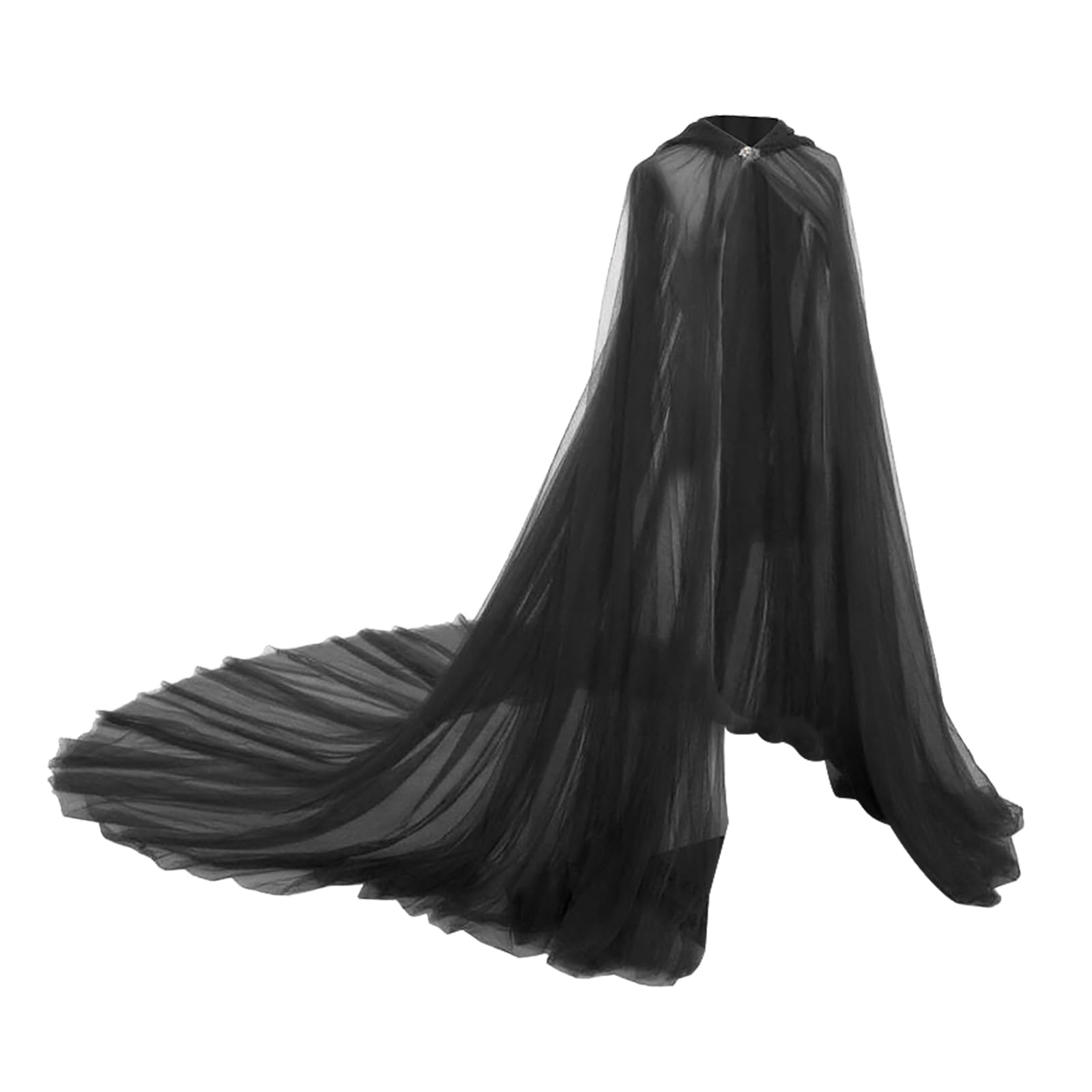 FakeFace Women Tulle Hooded Cloak Wedding Bridal Dress Robe Vampire Witch Elf Full Length Cape with Hood Halloween Cosplay Costume (Black) - Image 2