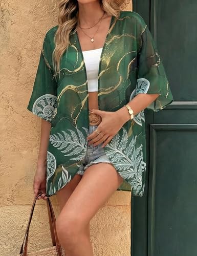 Image of Chunoy Women Floral Beach Wear Cover Up Chiffon Kimono Cardigan Open Front Blouse Top