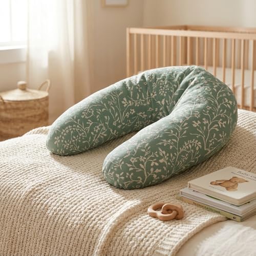 Babysom - Coussin de Maternité 3 en 1 : Grossesse, Allaitement & Repos Bébé - Housse Double Gaze en Coton - Déhoussable et Lavable - Microfibres Silencieuses - Motif Fleuri Vert - XXL