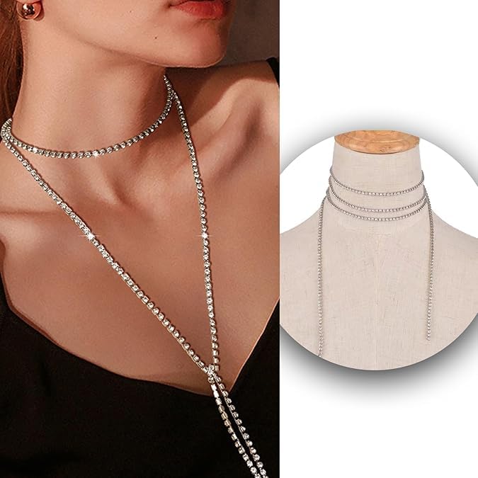 Jovono Fashion Silber Lange Halskette mit Strass Schmuck Kette für Damen und Mädchen