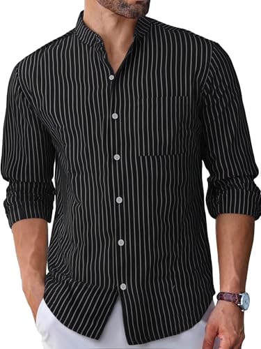 BAYAMO Men's Banded Collar Stripe Shirt, Linen Cotton Mandarin Collar Long Sleeve Button Down Shirts Collarless Tops(Black, L) - image 1