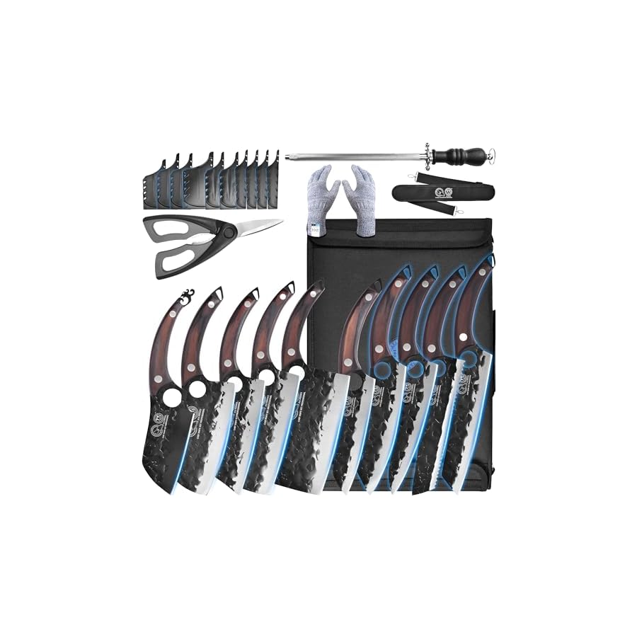 XYJ Professional Serbian Chef Knife Set with Roll Bag, Japanese Culinary Knives, Meat Cleaver, Kitchen Chopping Knife, and Protective Sleeves, Perfect for Home Cooking or Outdoor Camping