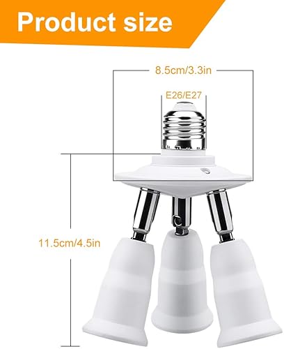Miniatura 4 de ELECTOP Divisor de enchufe ajustable E26 E27, soporte de lámpara adaptador de base de bombilla blanca 3 en 1, giro de 360 grados de flexión de 180
