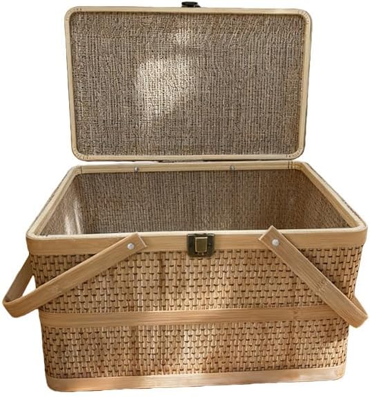 Woven Bamboo Picnic Basket with Lid and Handles, Natural Rattan Style Storage Basket for Outdoor Use