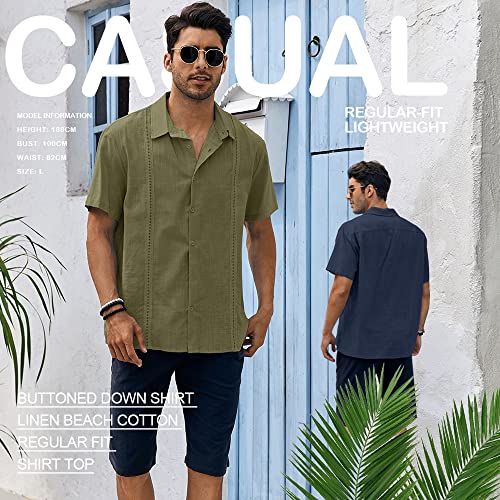 Ryannology Mens Guayabera Shirts Linen Short Sleeve Button Down Casual Beach Cuban Camp Mexican Shirt for Men Khaki4