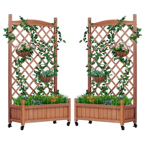 Raised Garden Bed with Trellis Set of 2, Outdoor Wood Planter Box & Plant Stand with Climbing Racks