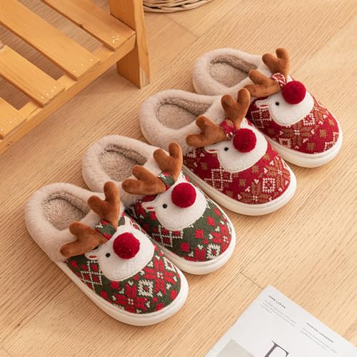 Christmas Slippers for Women, Fluffy Animal Slipper with Reindeer for Adults, Winter Cartoon House Shoes with Memory Foam, Fuzzy Cute Retro Bedroom Aesthetic Slides, Plush, Cozy PVC Sole4