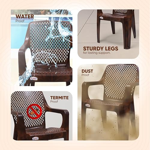 Image of AVRO Furniture Signature Heavy Duty Plastic Chair for Home, Office & Outdoor, Solid Back Support, Comfortable Seating with Arm, Ergonomic and Stackable, Pre-Assembled, 150 Kg Capacity, Set of 2, Brown