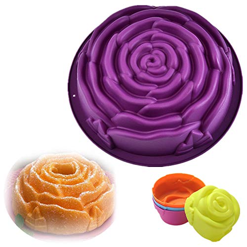 KeepingcooX Rose Flowers Silicone Mould Set - 9 Inch Large + 4 Small/Mini Muffin Mold, Anniversary Birthday Cake Pan, Handmade Soap, Pudding, Chocolate, Ice Cube Molds, Cake Topper Decoration