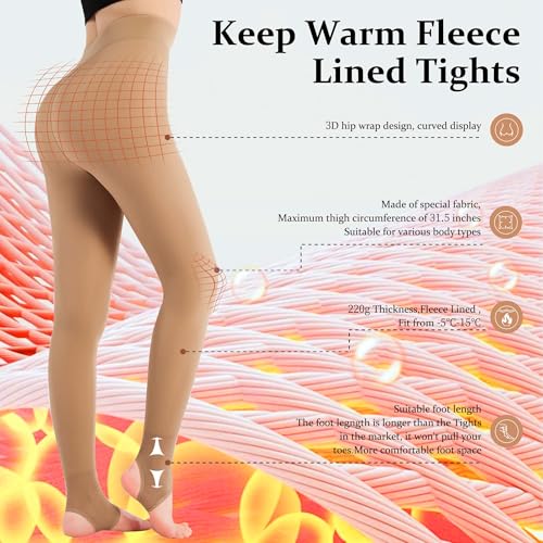 Image of UISLII Fleece Lined Tights Women, Warm Stirrup leggings, Fake Translucent Thermal Skin Colored Tights for Winter(Suntan M-M)